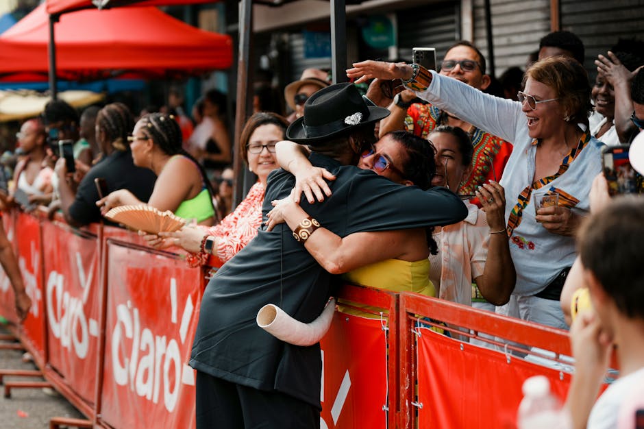 Vibrant street celebration in Puerto Limón, Costa Rica with diverse crowd embracing