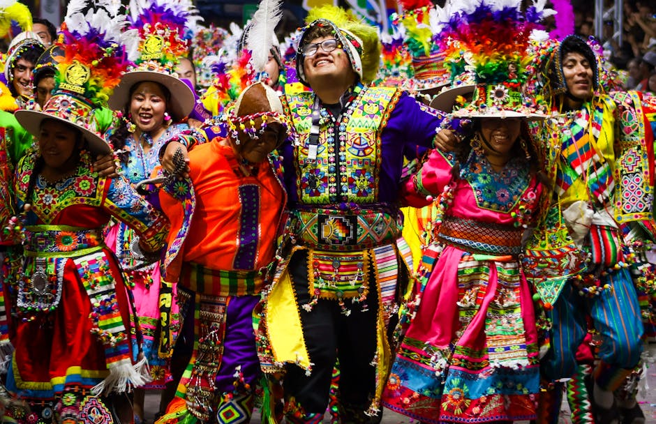 Colorful traditional festival in Arica, Chile with dancers in elaborate costumes