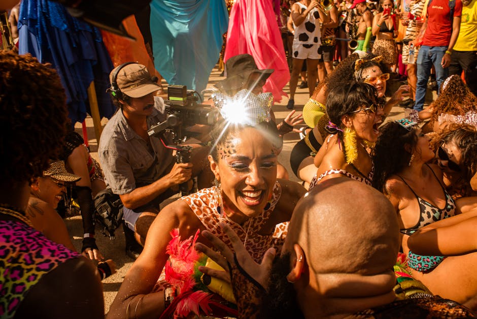Lively street festival scene with people enjoying in vibrant, colorful costumes outdoors